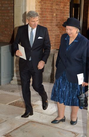 Michael Middleton leaves the ceremony with Prince George nanny Jessie Webb.jpg